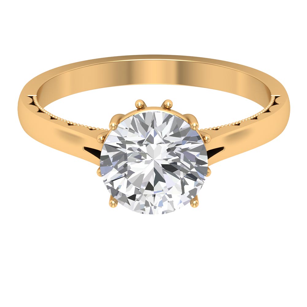 8 MM Round Cut Moissanite Solitaire Gold Ring with Milgrain Detailing Moissanite - ( D-VS1 ) - Color and Clarity - Rosec Jewels