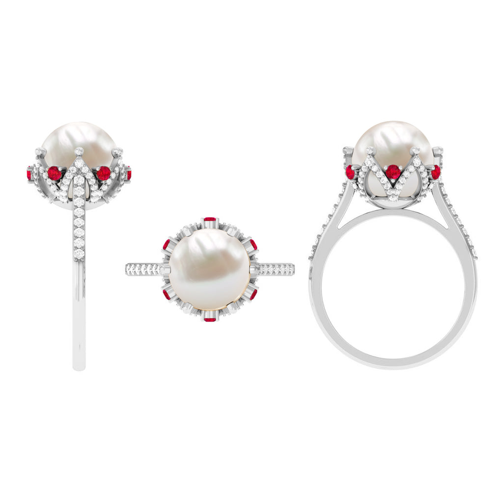 Freshwater Pearl and Created Ruby Cocktail Ring with Moissanite Accent Freshwater Pearl - ( AAA ) - Quality - Rosec Jewels