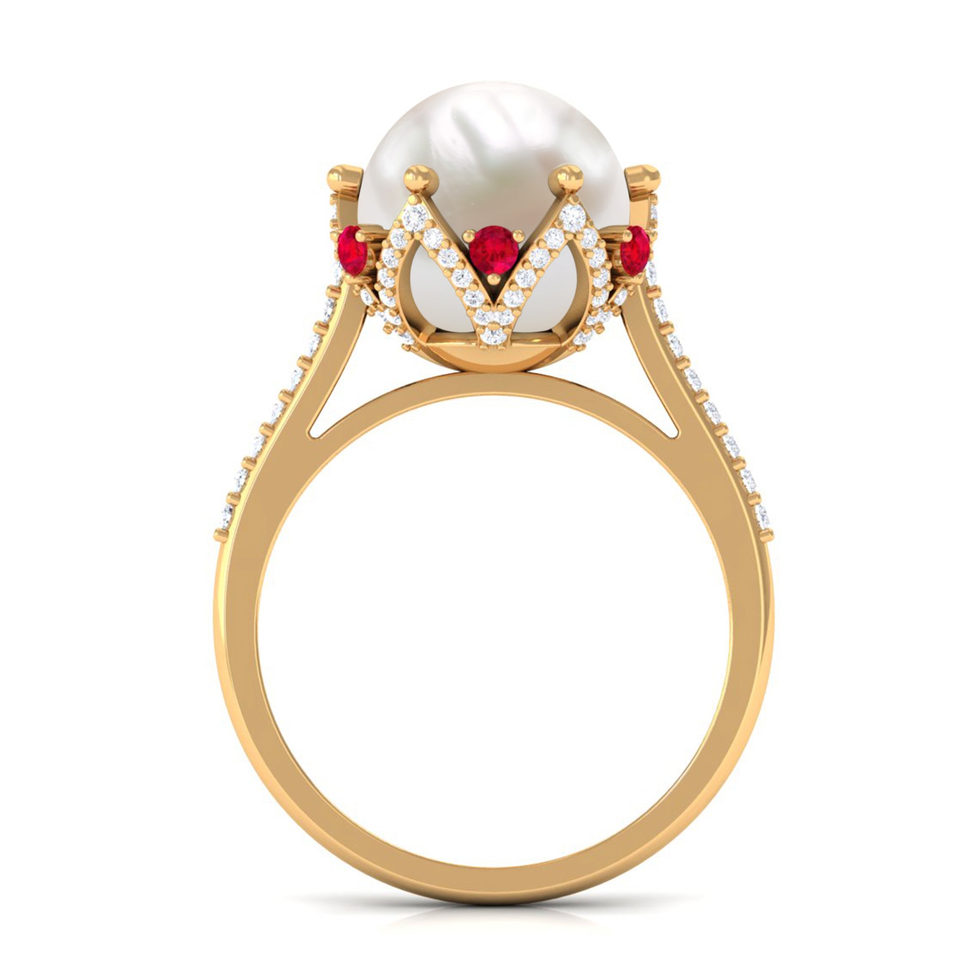Freshwater Pearl and Created Ruby Cocktail Ring with Moissanite Accent Freshwater Pearl - ( AAA ) - Quality - Rosec Jewels