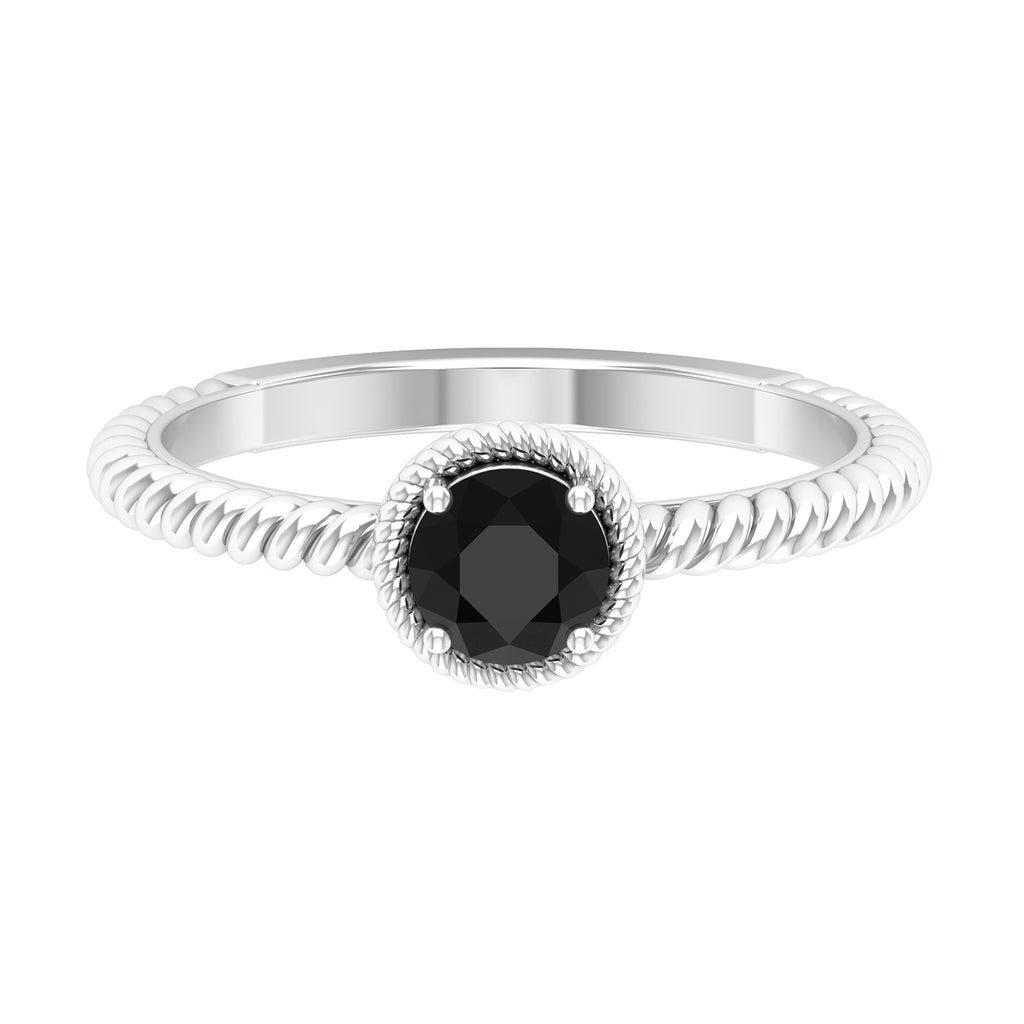 5 MM Round Shape Solitaire Black Onyx Ring in 4 Prong Setting with Twisted Rope Frame Black Onyx - ( AAA ) - Quality - Rosec Jewels