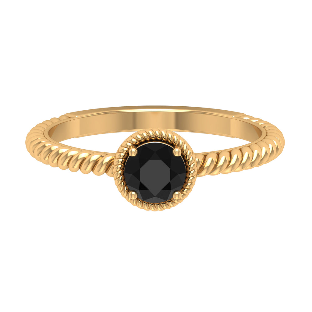 5 MM Round Shape Solitaire Black Onyx Ring in 4 Prong Setting with Twisted Rope Frame Black Onyx - ( AAA ) - Quality - Rosec Jewels