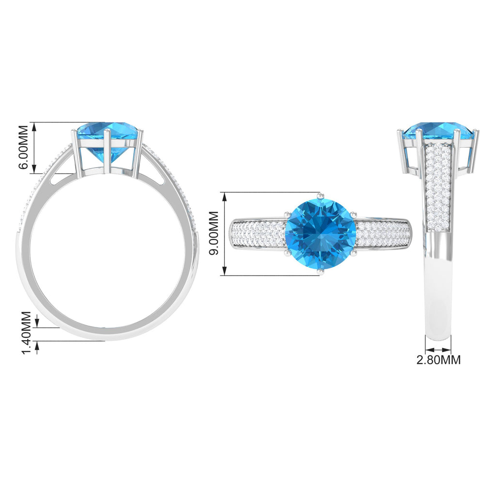 Round Swiss Blue Topaz Solitaire Ring with Diamond Side Stones Swiss Blue Topaz - ( AAA ) - Quality - Rosec Jewels