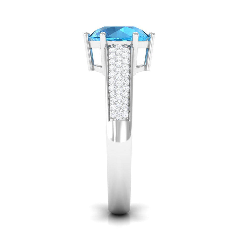 Round Swiss Blue Topaz Solitaire Ring with Diamond Side Stones Swiss Blue Topaz - ( AAA ) - Quality - Rosec Jewels