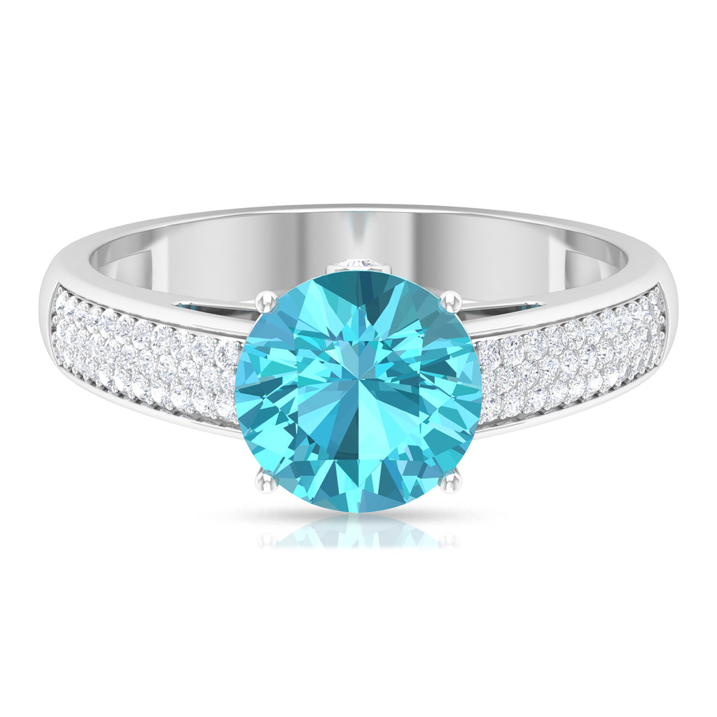 8 MM Round Shape Swiss Blue Topaz Solitaire Ring with Diamond Swiss Blue Topaz - ( AAA ) - Quality - Rosec Jewels