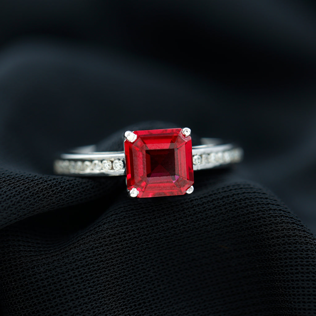 4.25 CT Asscher Cut Created Ruby Solitaire Engagement Ring with Diamond Side Stones Lab Created Ruby - ( AAAA ) - Quality - Rosec Jewels