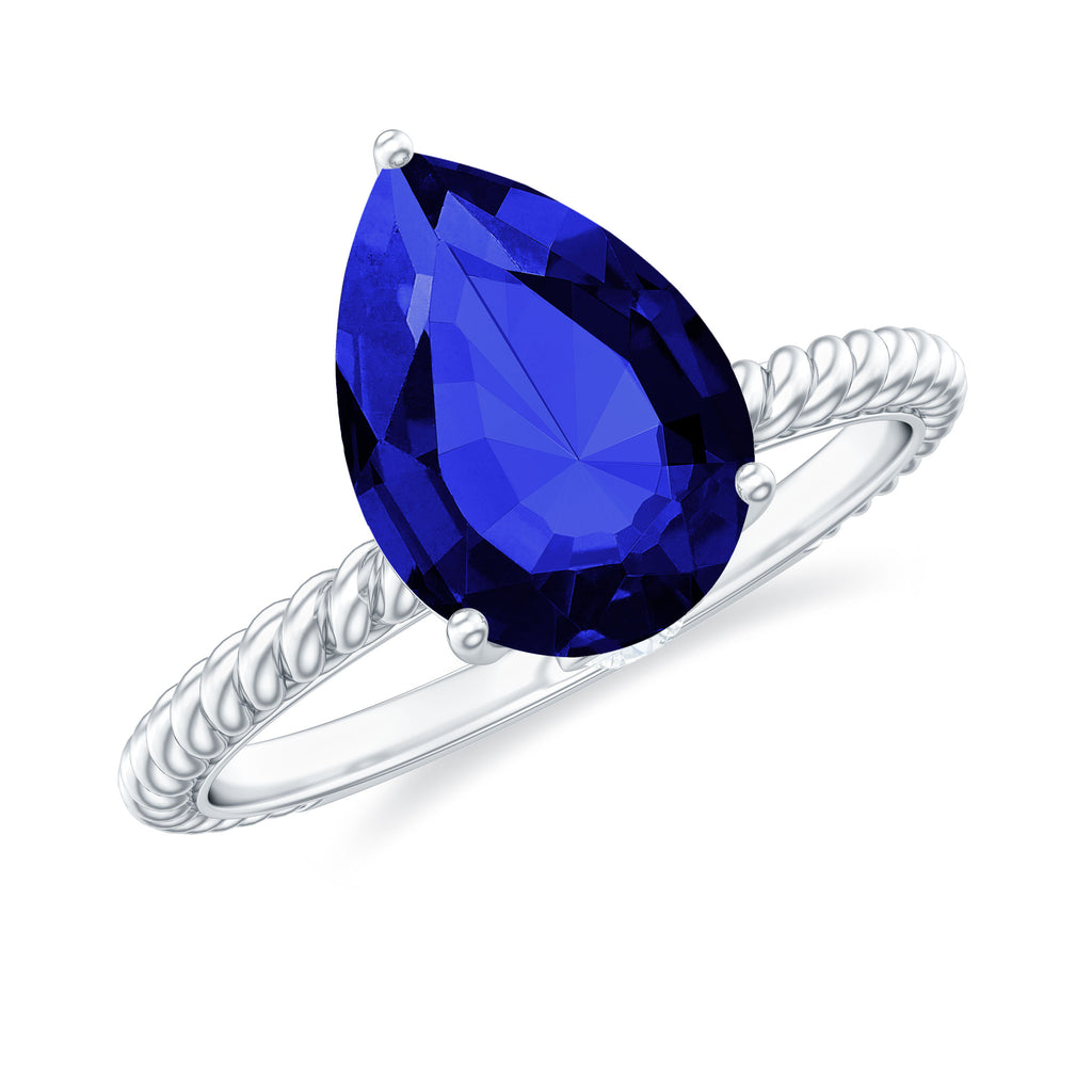 Pear Cut Created Blue Sapphire Solitaire Ring with Hidden Moissanite Lab Created Blue Sapphire - ( AAAA ) - Quality - Rosec Jewels