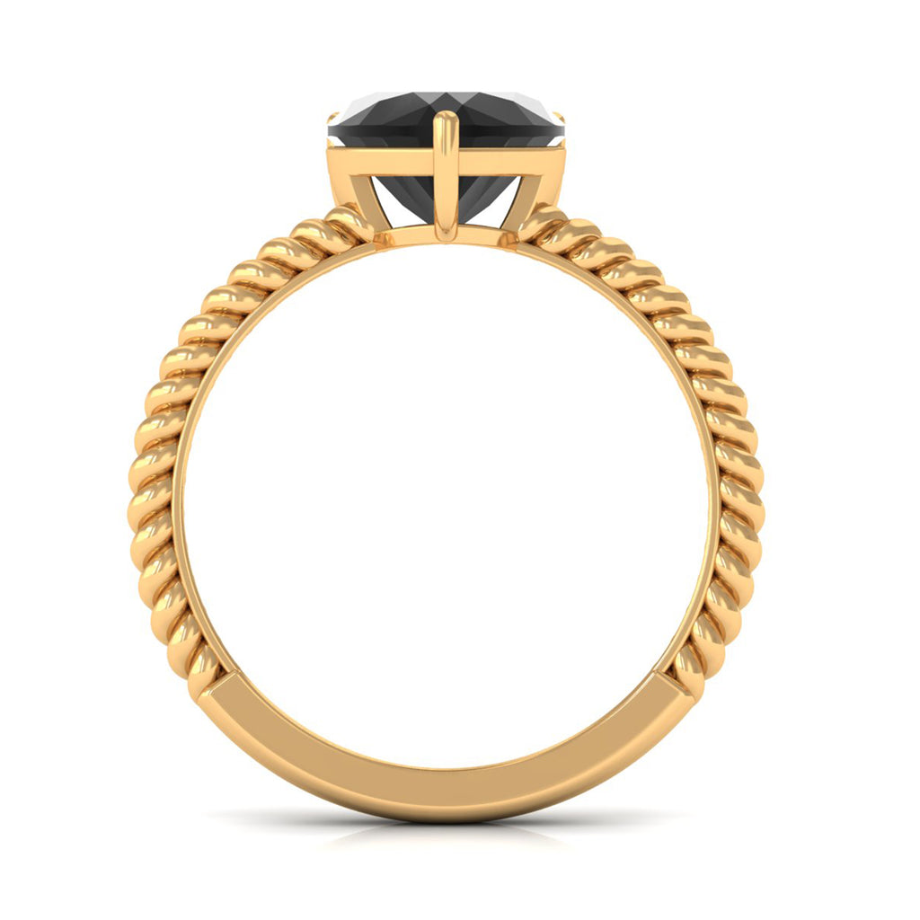 8 MM Heart Shape Created Black Diamond Solitaire Gold Rope Ring Lab Created Black Diamond - ( AAAA ) - Quality - Rosec Jewels