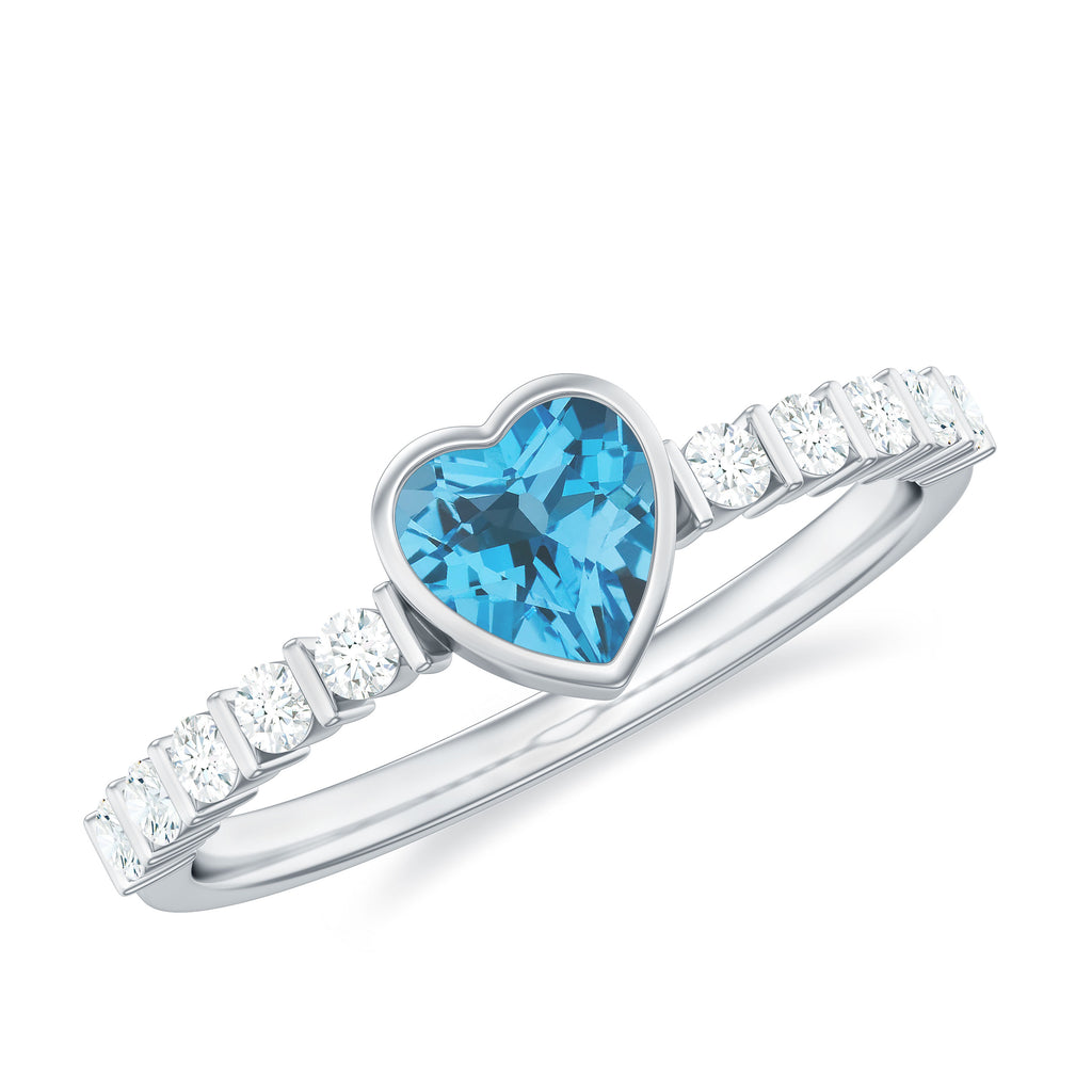 Heart Shape Swiss Blue Topaz Engagement Ring with Diamond in Bezel Setting Swiss Blue Topaz - ( AAA ) - Quality - Rosec Jewels