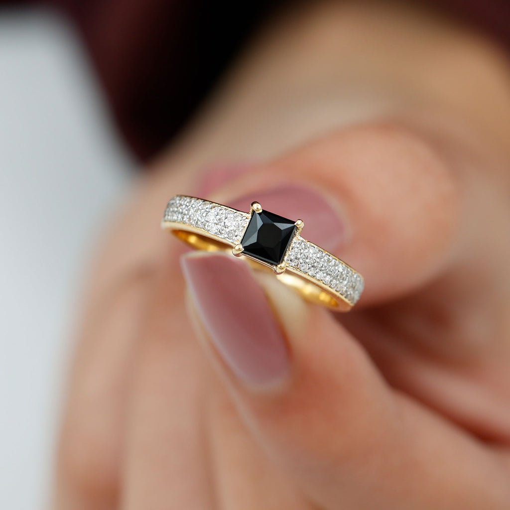 Princess Cut Black Spinel Engagement Ring with Diamond Side Stones Black Spinel - ( AAA ) - Quality - Rosec Jewels