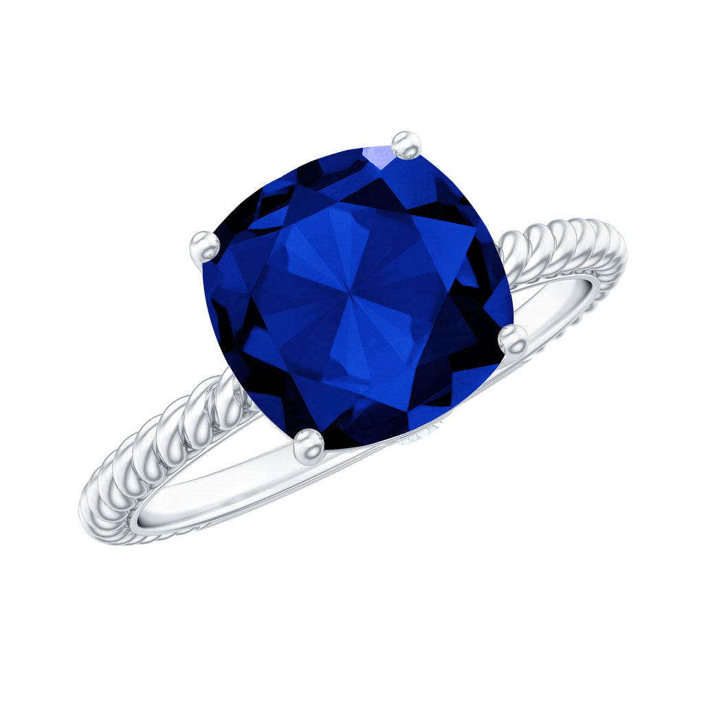Cushion Cut Created Blue Sapphire Solitaire Ring with Surprise Diamond Lab Created Blue Sapphire - ( AAAA ) - Quality - Rosec Jewels