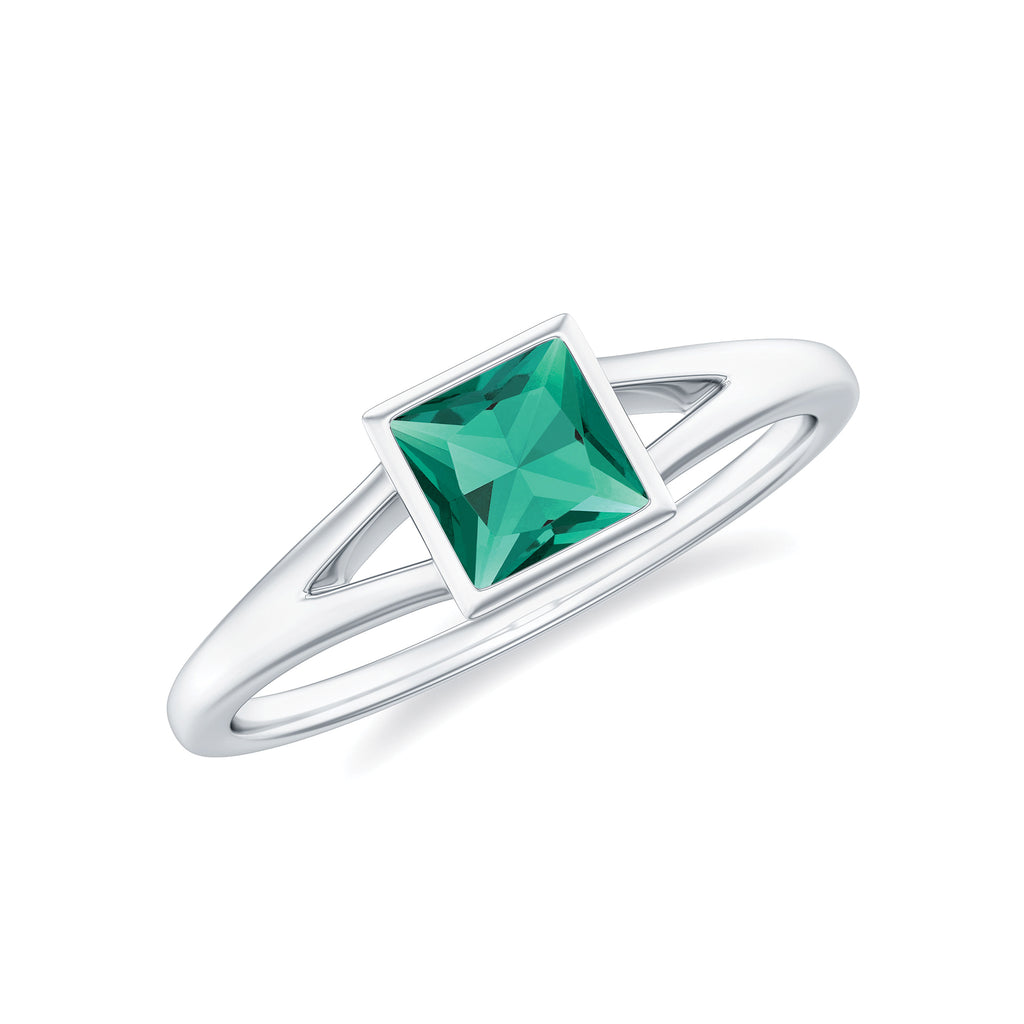 Princess Cut Lab Grown Emerald Solitaire Ring with Split Shank Lab Created Emerald - ( AAAA ) - Quality - Rosec Jewels