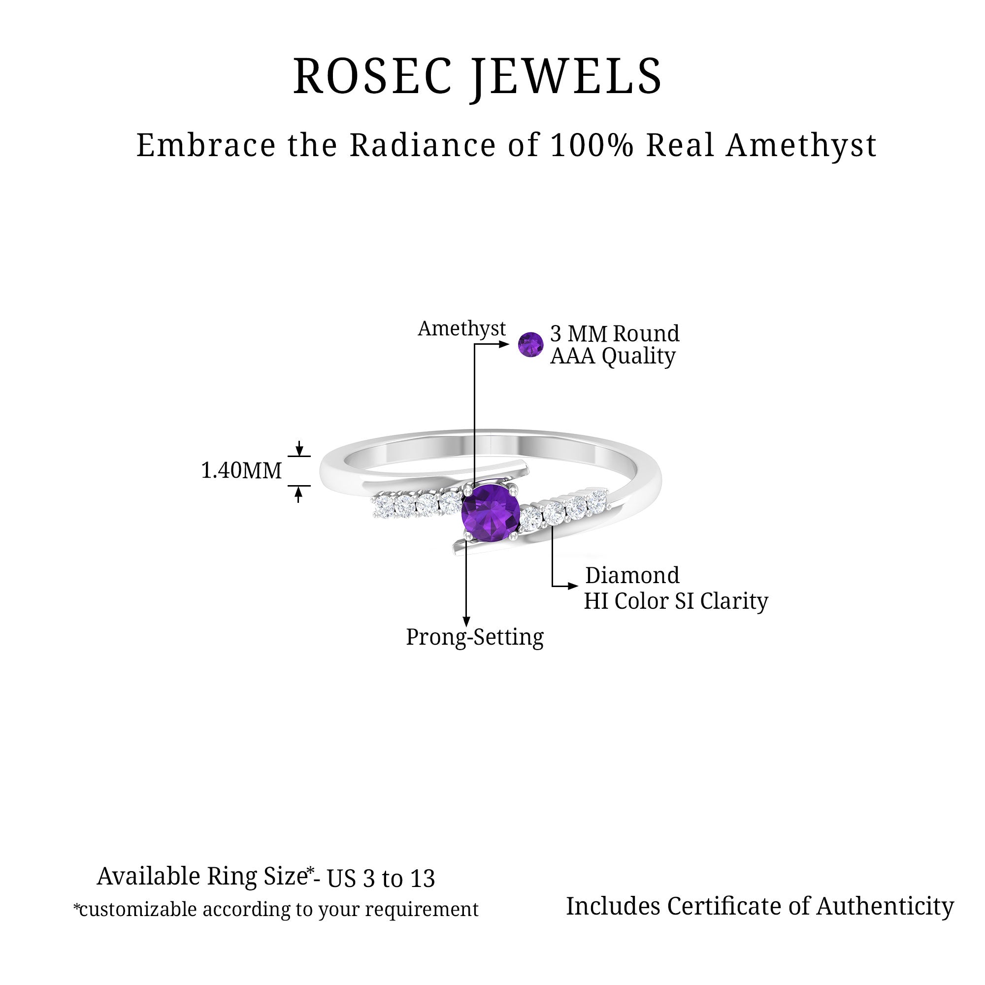 0.25 CT Amethyst Minimal Ring Diamond Bypass Shank Amethyst - ( AAA ) - Quality - Rosec Jewels