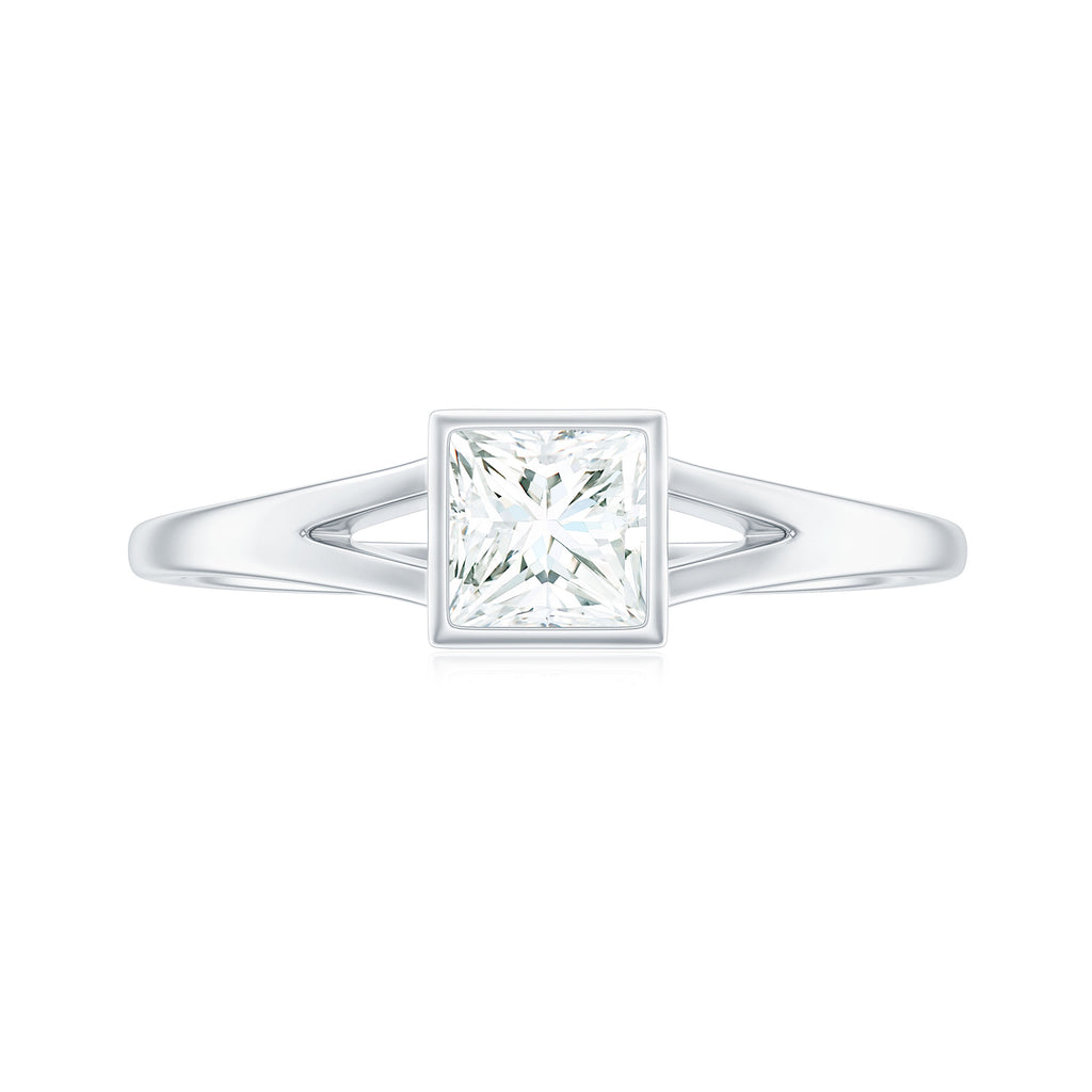 Bezel Set Princess Cut Moissanite Solitaire Promise Ring in Split Shank Moissanite - ( D-VS1 ) - Color and Clarity - Rosec Jewels