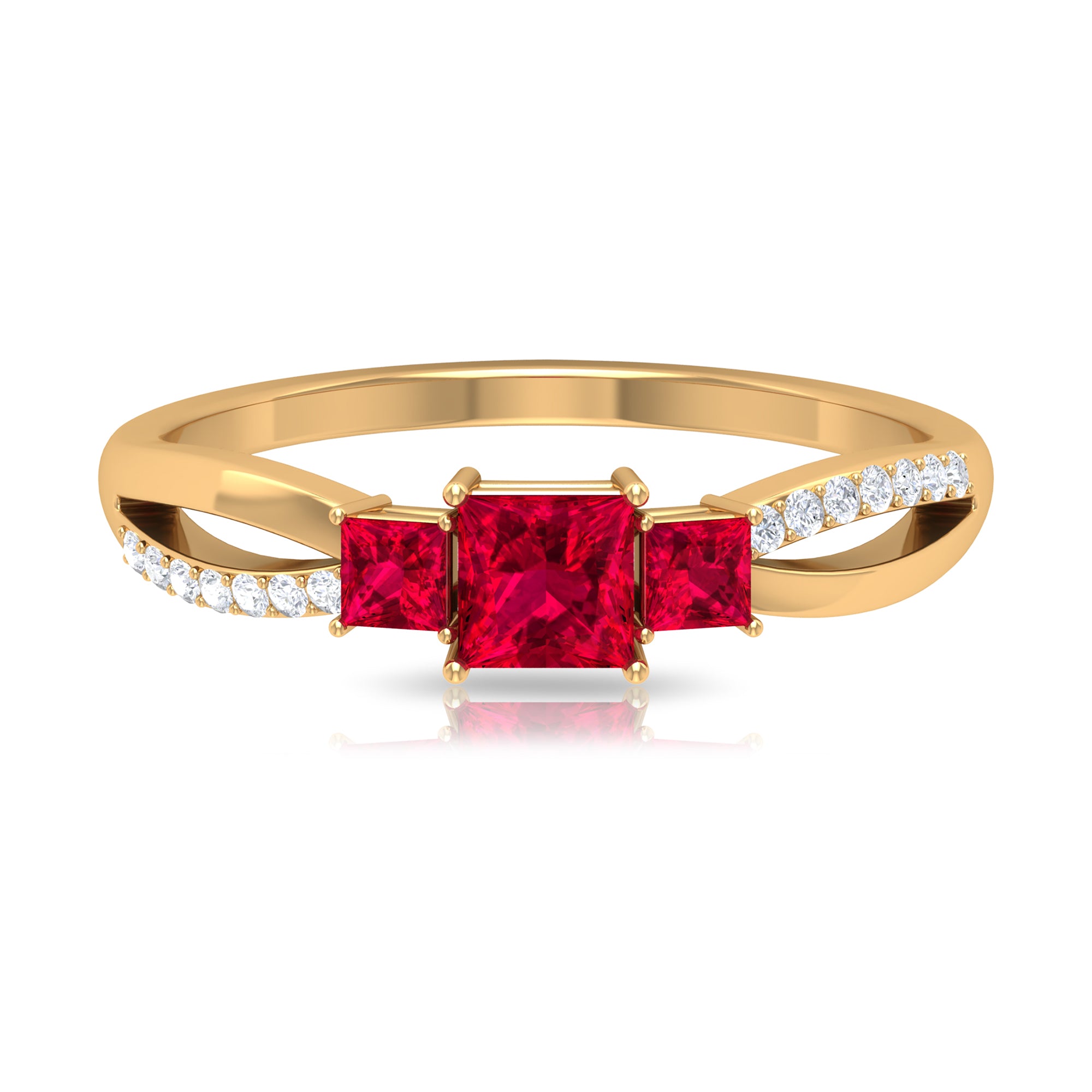 Princess Cut Three Stone Ruby Engagement Ring with Diamond Ruby - ( AAA ) - Quality - Rosec Jewels