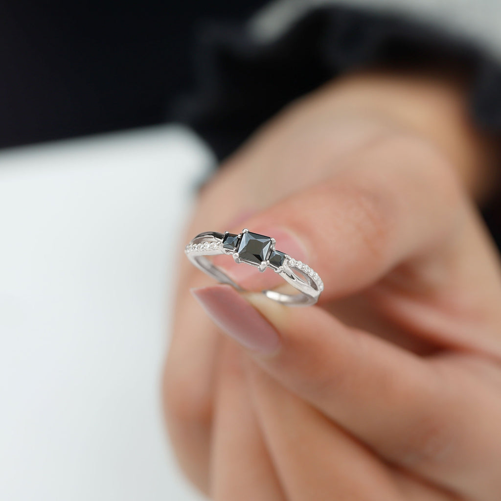 Princess Cut 3 Stone Created Black Diamond Infinity Ring with Diamond Lab Created Black Diamond - ( AAAA ) - Quality - Rosec Jewels