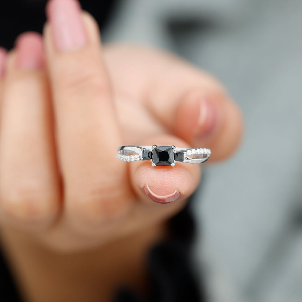 Princess Cut 3 Stone Created Black Diamond Infinity Ring with Diamond Lab Created Black Diamond - ( AAAA ) - Quality - Rosec Jewels
