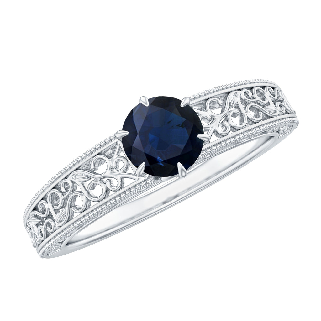 1 CT Round Cut Solitaire Blue Sapphire Filigree Engagement Ring Blue Sapphire - ( AAA ) - Quality - Rosec Jewels