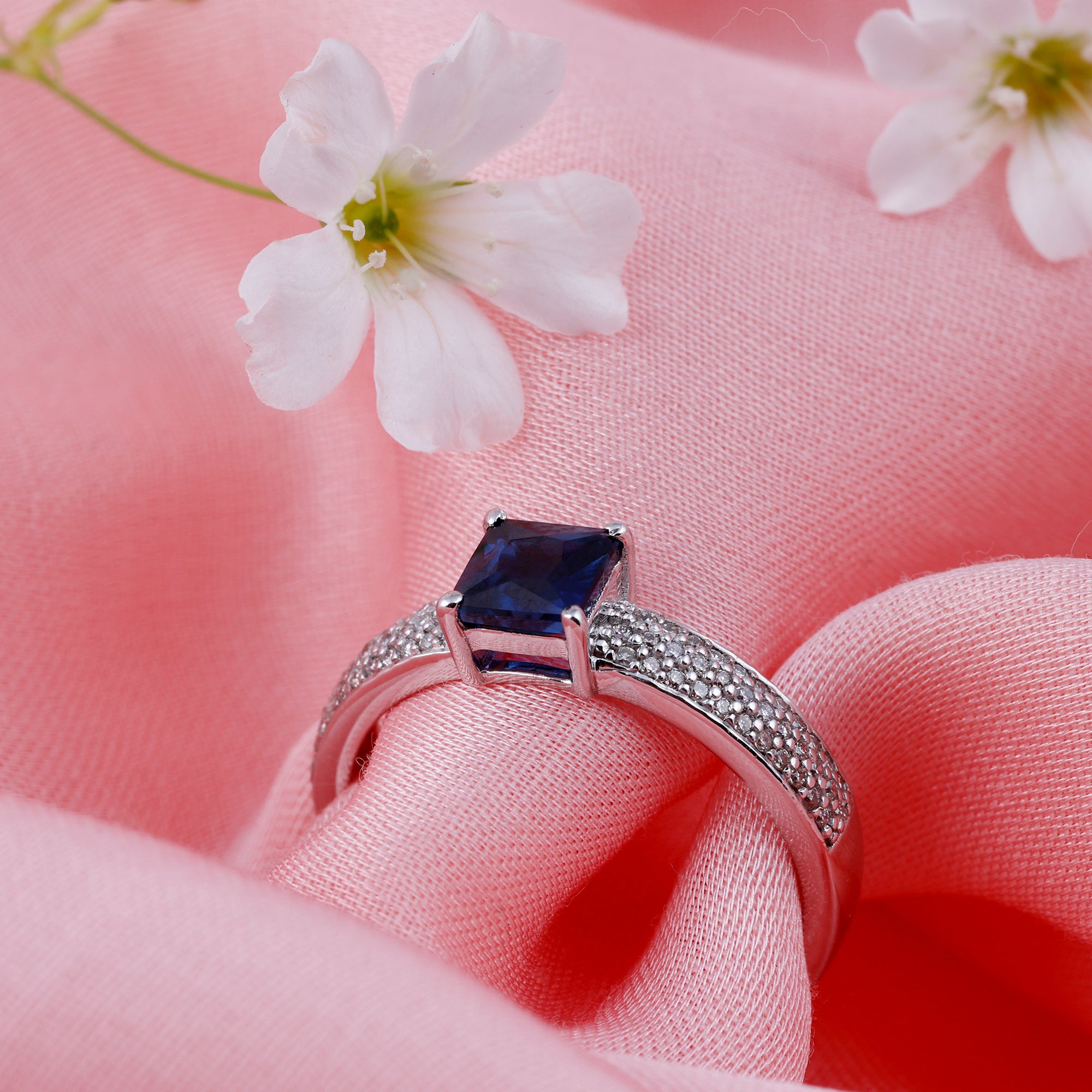 Created Blue Sapphire Solitaire Engagement Ring with Diamond Lab Created Blue Sapphire - ( AAAA ) - Quality - Rosec Jewels
