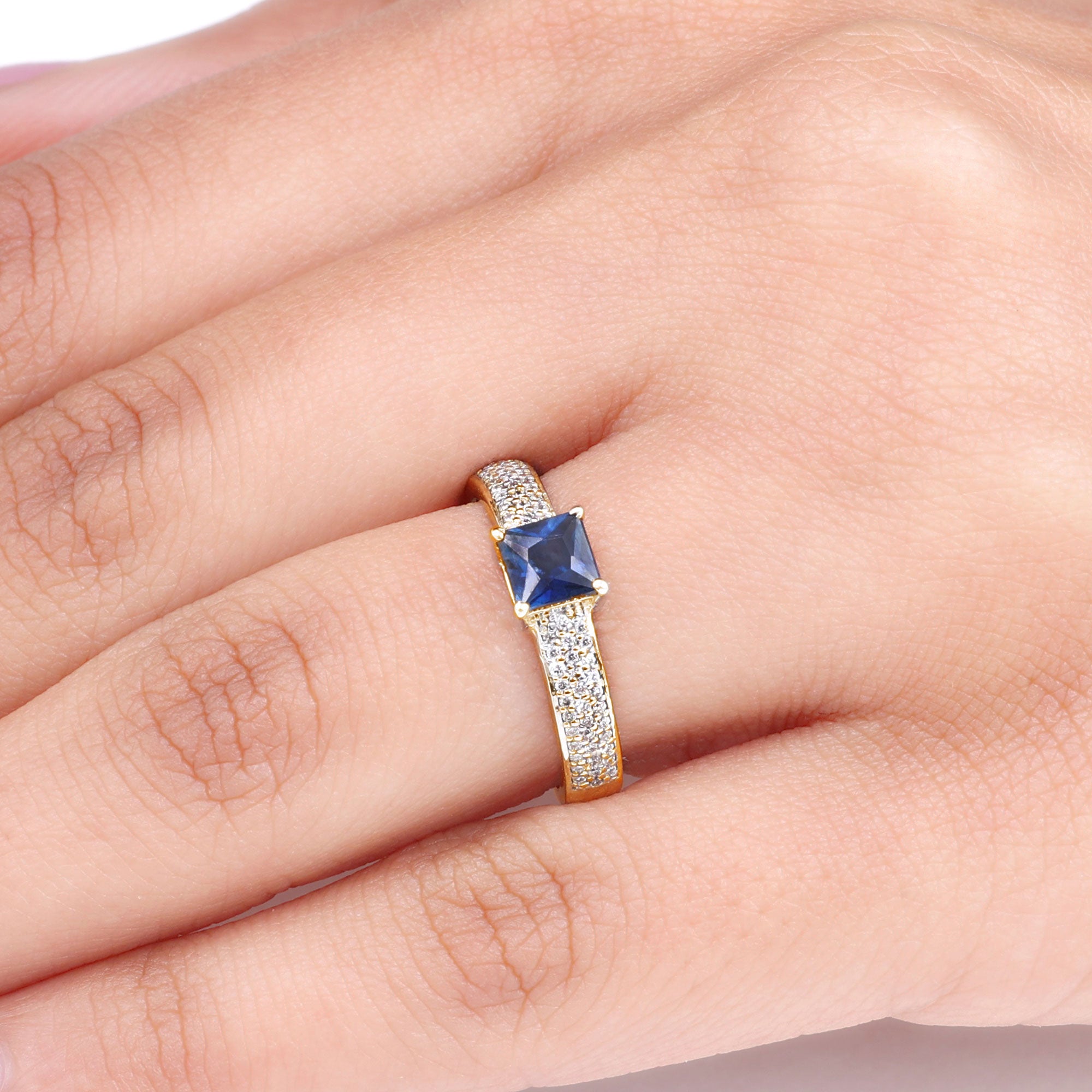 Created Blue Sapphire Solitaire Engagement Ring with Diamond Lab Created Blue Sapphire - ( AAAA ) - Quality - Rosec Jewels