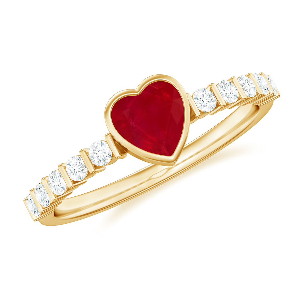 Heart Ruby Solitaire Engagement Ring with Diamond in Bezel Setting Ruby - ( AAA ) - Quality - Rosec Jewels