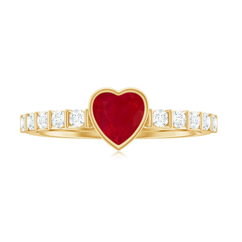 Heart Ruby Solitaire Engagement Ring with Diamond in Bezel Setting Ruby - ( AAA ) - Quality - Rosec Jewels