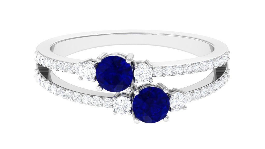 Real Blue Sapphire Two Stone Anniversary Ring with Diamond Blue Sapphire - ( AAA ) - Quality - Rosec Jewels