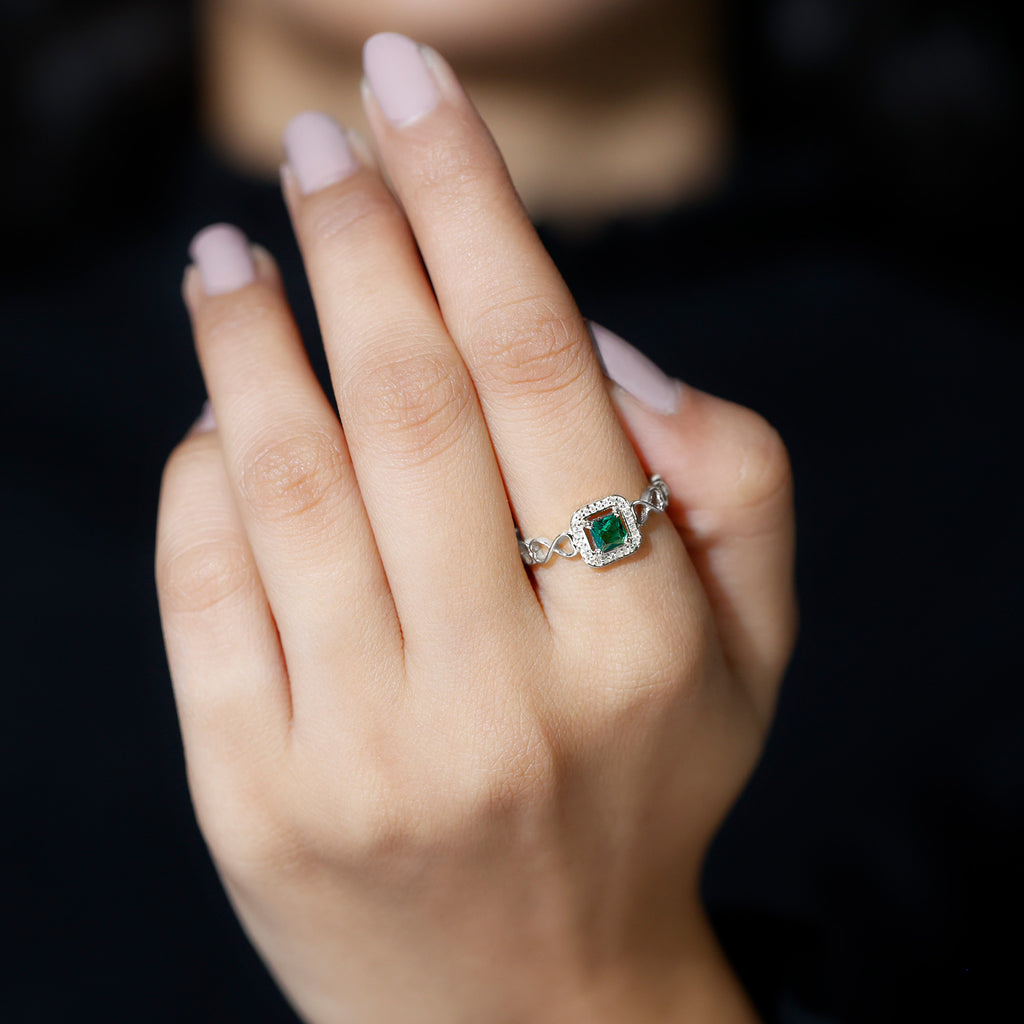 Princess Cut Lab Grown Emerald Infinity Heart Promise Ring with Diamond Halo Lab Created Emerald - ( AAAA ) - Quality - Rosec Jewels