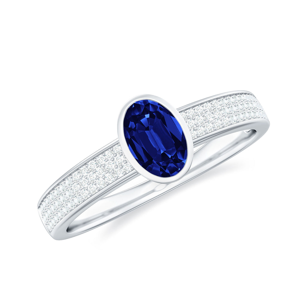 Oval Created Blue Sapphire Solitaire Engagement Ring with Diamond Side Stones Lab Created Blue Sapphire - ( AAAA ) - Quality - Rosec Jewels
