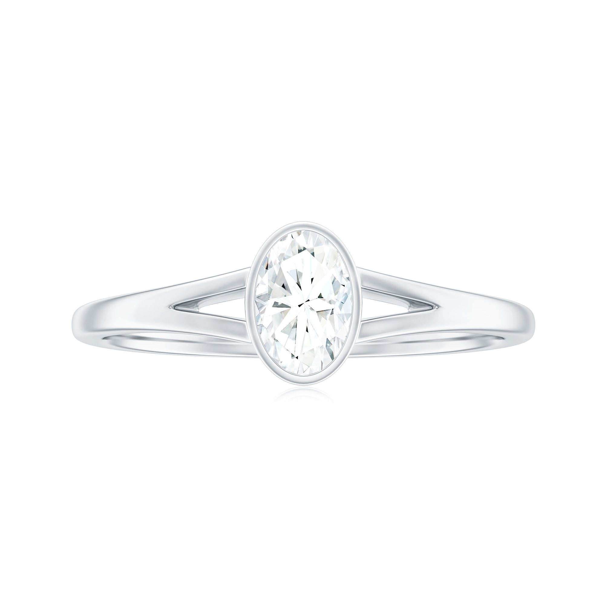 Bezel Set Oval Cut Moissanite Solitaire Promise Ring in Spilt Shank Moissanite - ( D-VS1 ) - Color and Clarity - Rosec Jewels