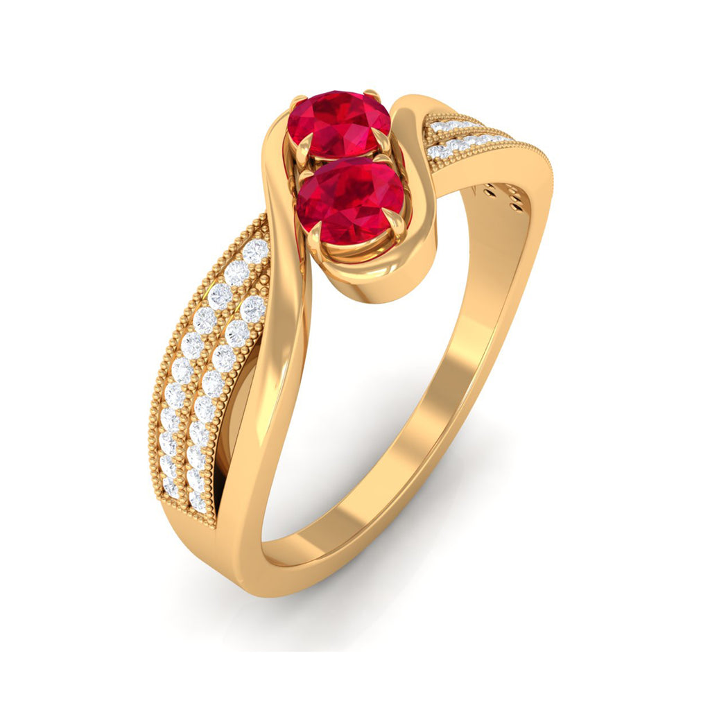 Created Ruby 2 Stone Bypass Engagement Ring with Diamond Lab Created Ruby - ( AAAA ) - Quality - Rosec Jewels