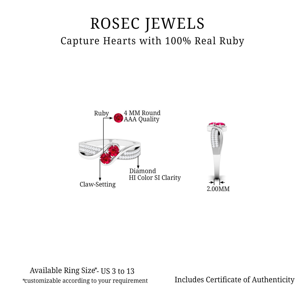 Two Stone Ruby Bypass Engagement Ring with Diamond Ruby - ( AAA ) - Quality - Rosec Jewels