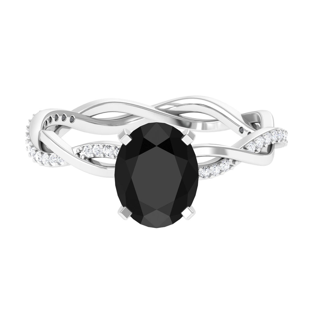 Oval Cut Solitaire Created Black Diamond Braided Engagement Ring with Diamond Lab Created Black Diamond - ( AAAA ) - Quality - Rosec Jewels