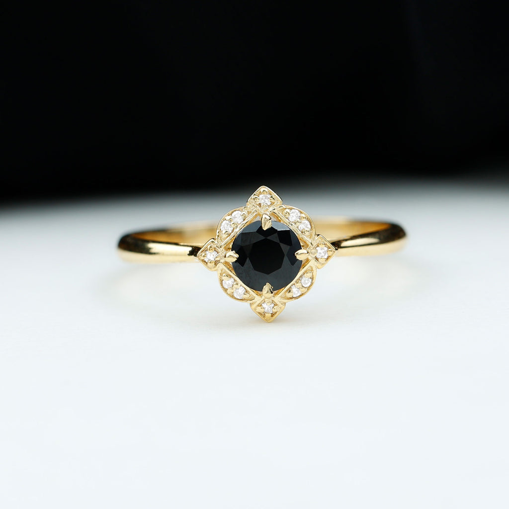 Vintage Inspired Black and White Diamond Engagement Ring Black Diamond - ( AAA ) - Quality - Rosec Jewels