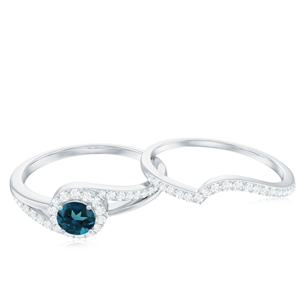 1 CT Minimal London Blue Topaz Engagement Ring Set with Diamond Enhancer London Blue Topaz - ( AAA ) - Quality - Rosec Jewels