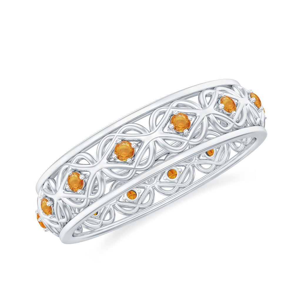 1/2 CT Round Cut Orange Sapphire Band Ring in 4 Prong Diagonal Setting with Celtic Details Orange Sapphire - ( AAA ) - Quality - Rosec Jewels