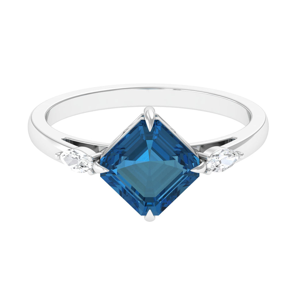 3.25 CT Asscher Cut London Blue Topaz Solitaire Engagement Ring with Diamond London Blue Topaz - ( AAA ) - Quality - Rosec Jewels