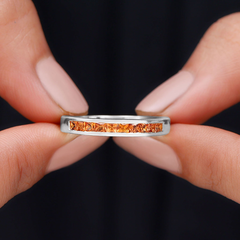 Channel Set Princess Cut Lab Grown Orange Sapphire Half Eternity Band Ring