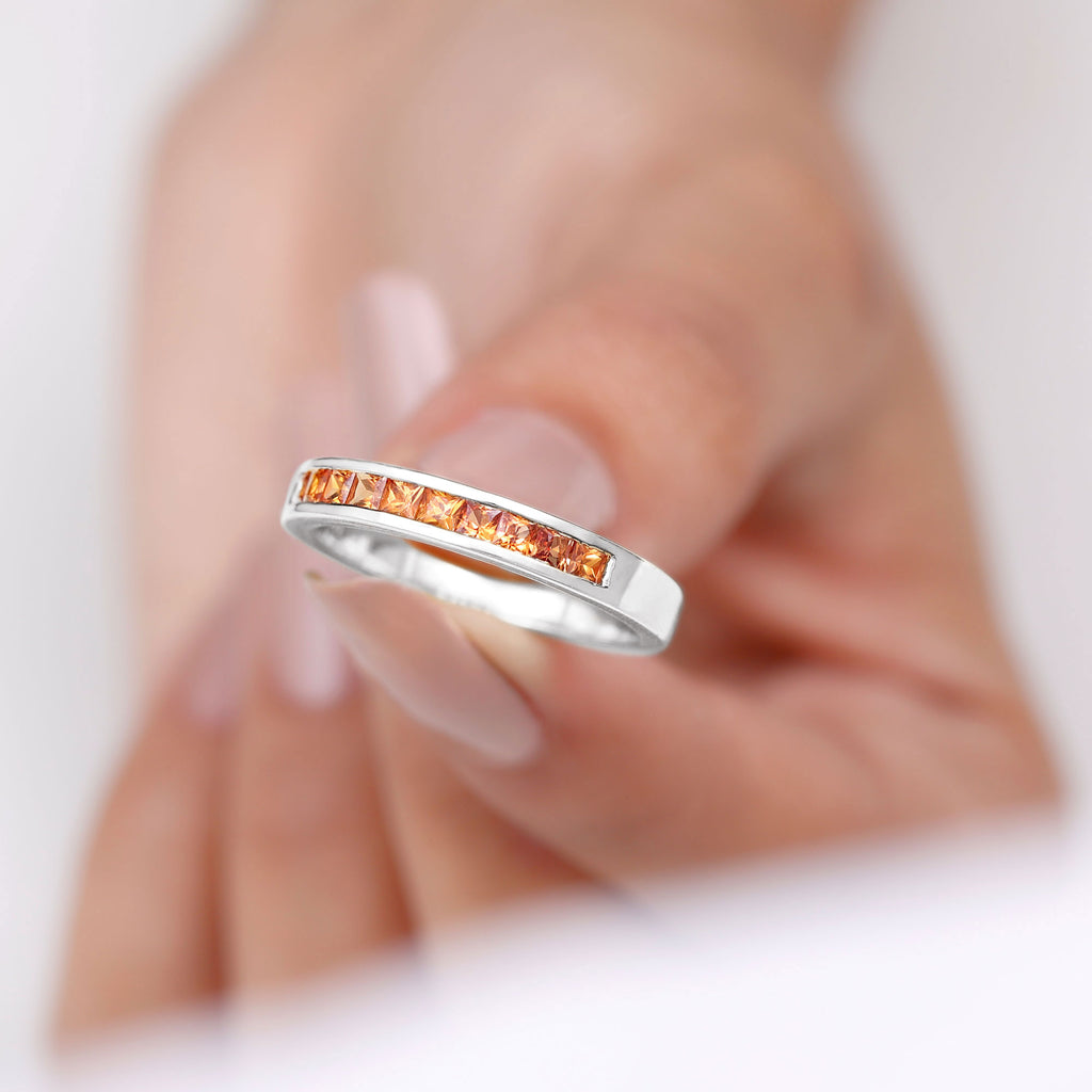 Channel Set Princess Cut Lab Grown Orange Sapphire Half Eternity Band Ring Lab Created Orange Sapphire - ( AAAA ) - Quality - Rosec Jewels