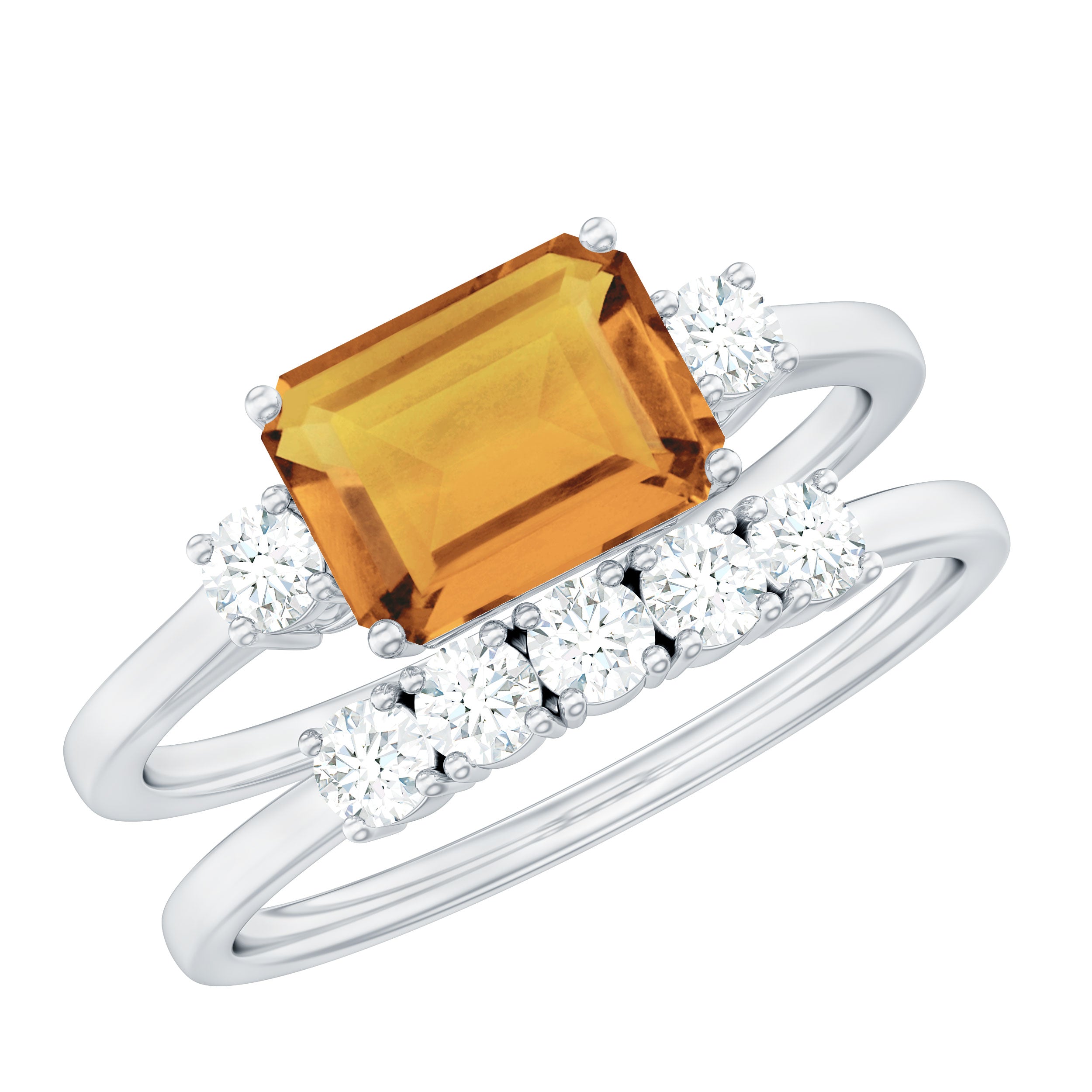 Emerald Cut Citrine Wedding Ring Set with Moissanite Citrine - ( AAA ) - Quality - Rosec Jewels