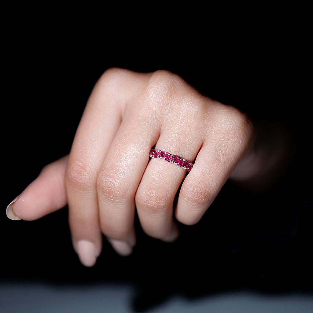 Heart Shape Lab Grown Pink Sapphire Eternity Ring in Claw Setting
