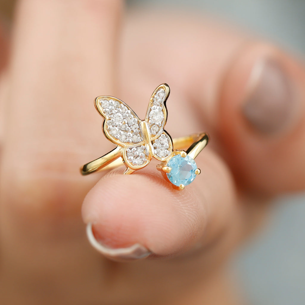 Swiss Blue Topaz and Diamond Butterfly Ring Swiss Blue Topaz - ( AAA ) - Quality - Rosec Jewels