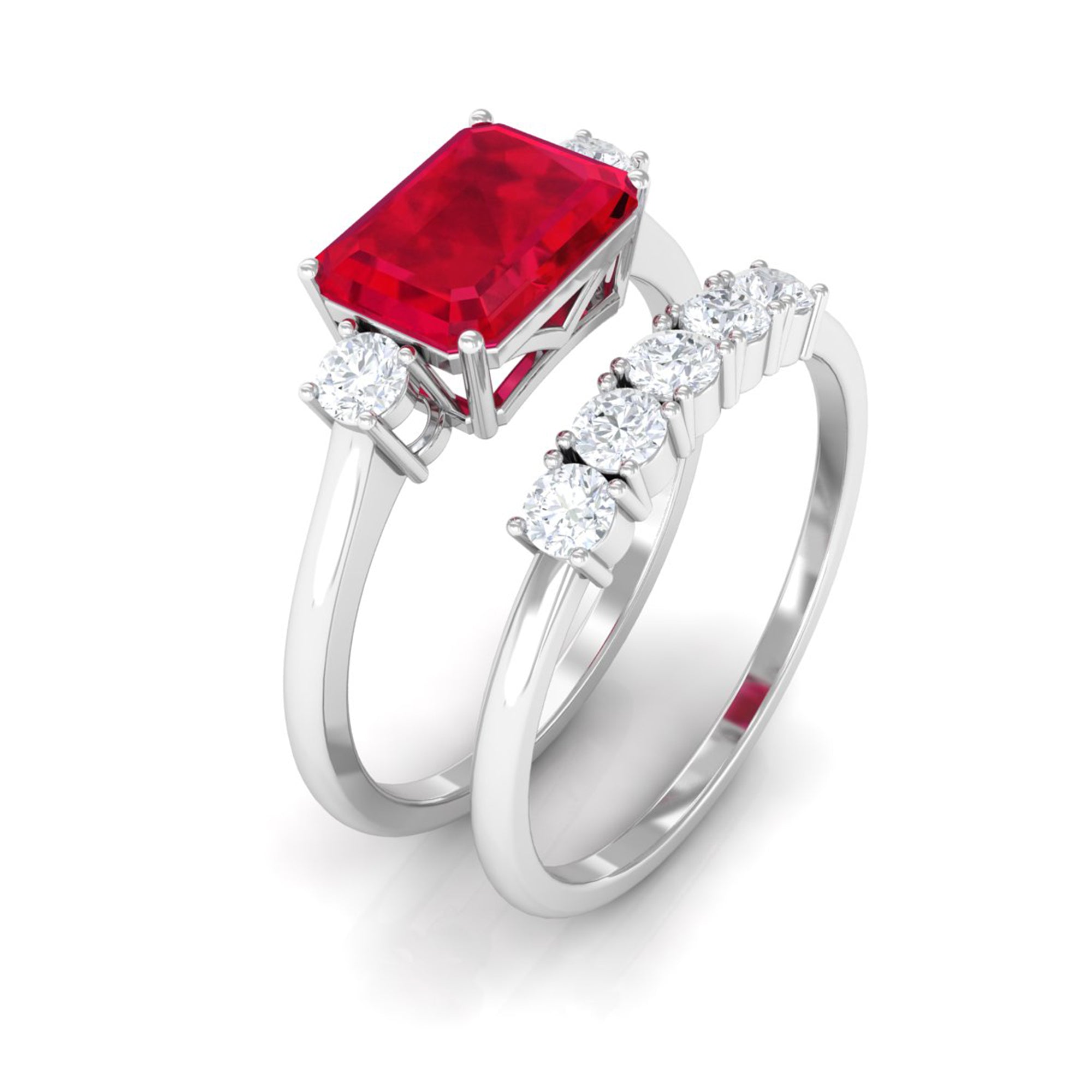 Emerald Cut Created Ruby Contemporary Wedding Ring Set with Diamond Lab Created Ruby - ( AAAA ) - Quality - Rosec Jewels
