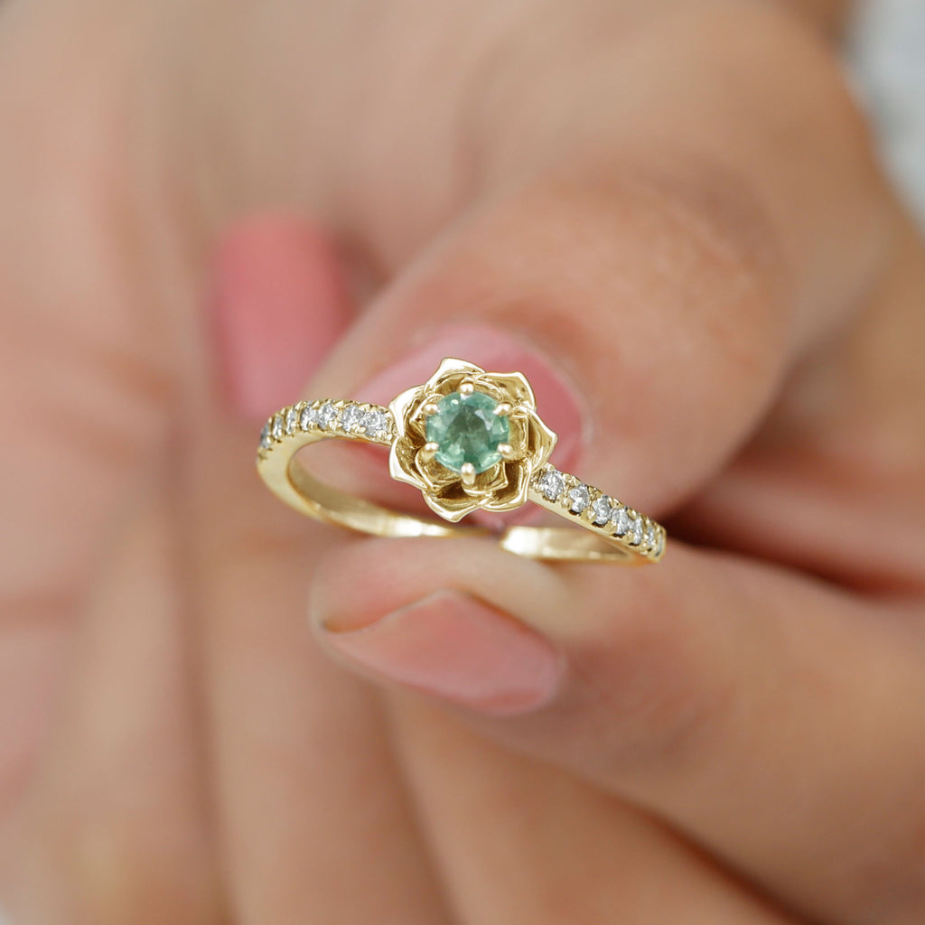 Green Sapphire and Diamond Flower Engagement Ring Green Sapphire - ( AAA ) - Quality - Rosec Jewels