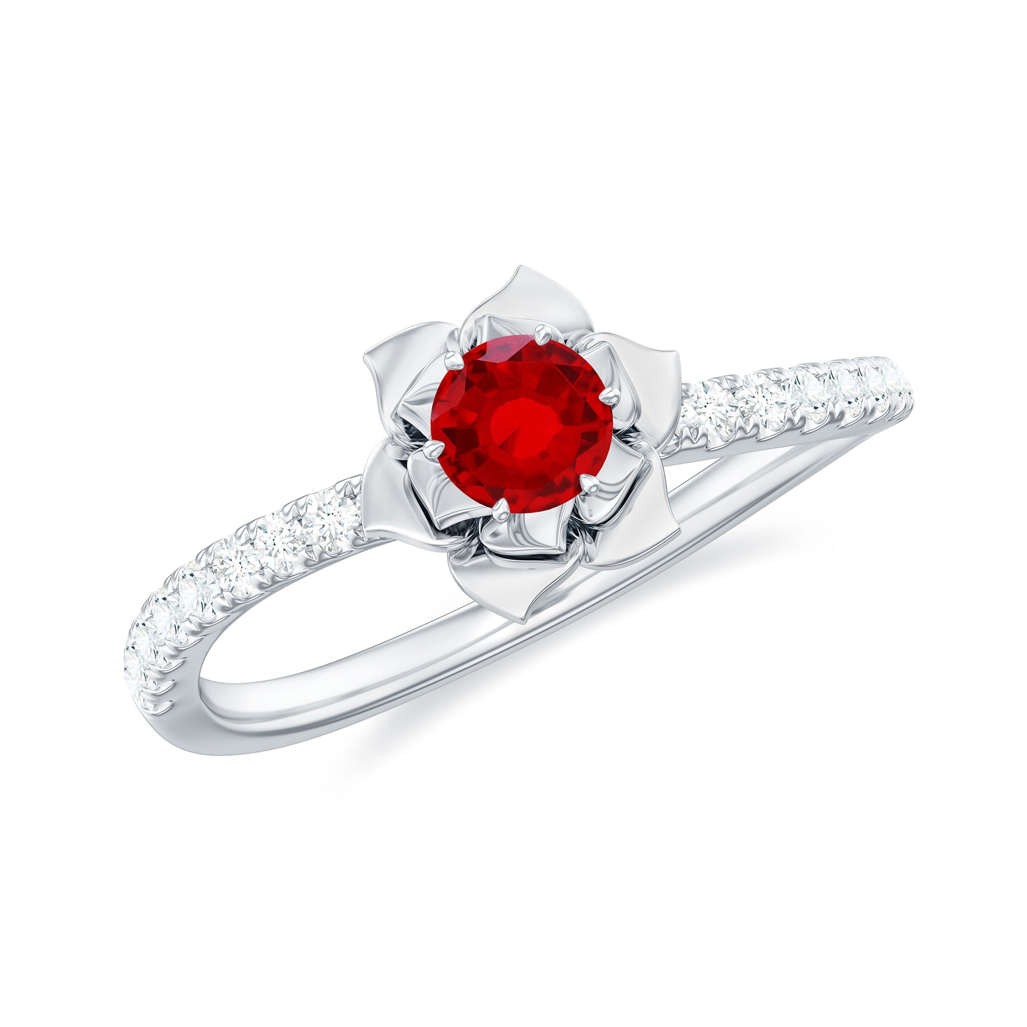 3/4 CT Created Ruby and Diamond Flower Engagement Ring Lab Created Ruby - ( AAAA ) - Quality - Rosec Jewels