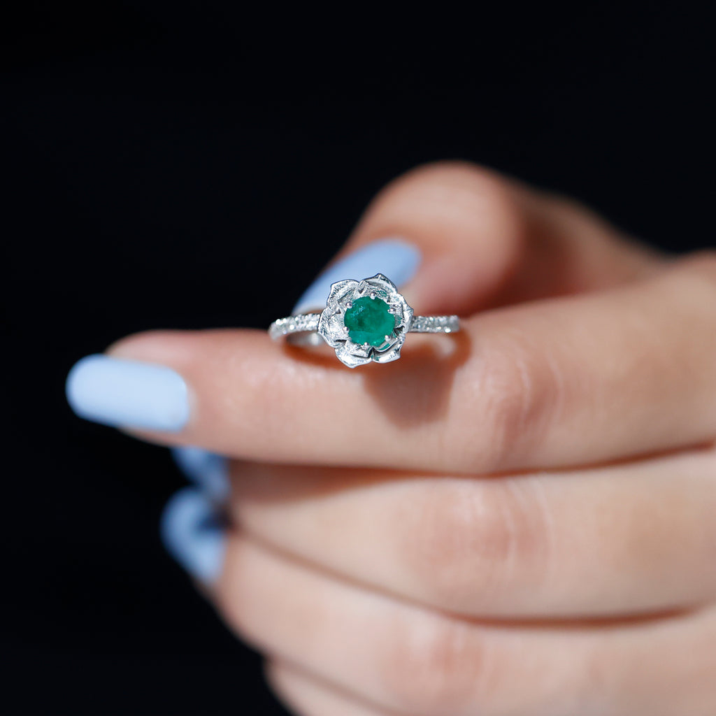 1/2 CT Emerald Flower Engagement Ring with Diamond Emerald - ( AAA ) - Quality - Rosec Jewels