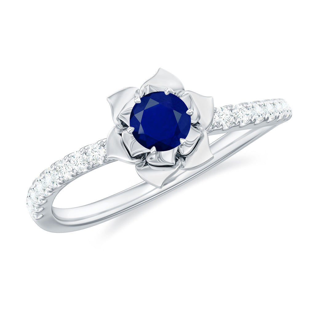 Blue Sapphire Flower Engagement Ring with Diamond Blue Sapphire - ( AAA ) - Quality - Rosec Jewels