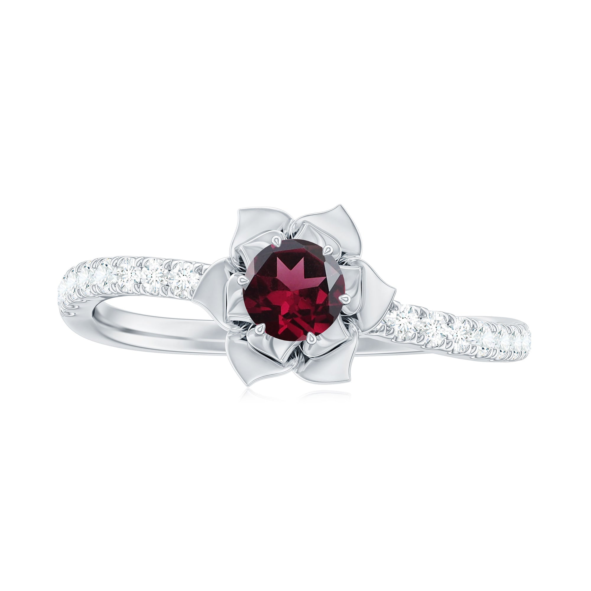 0.50 CT Real Rhodolite Floral Engagement Ring with Diamond Side Stones Rhodolite - ( AAA ) - Quality - Rosec Jewels