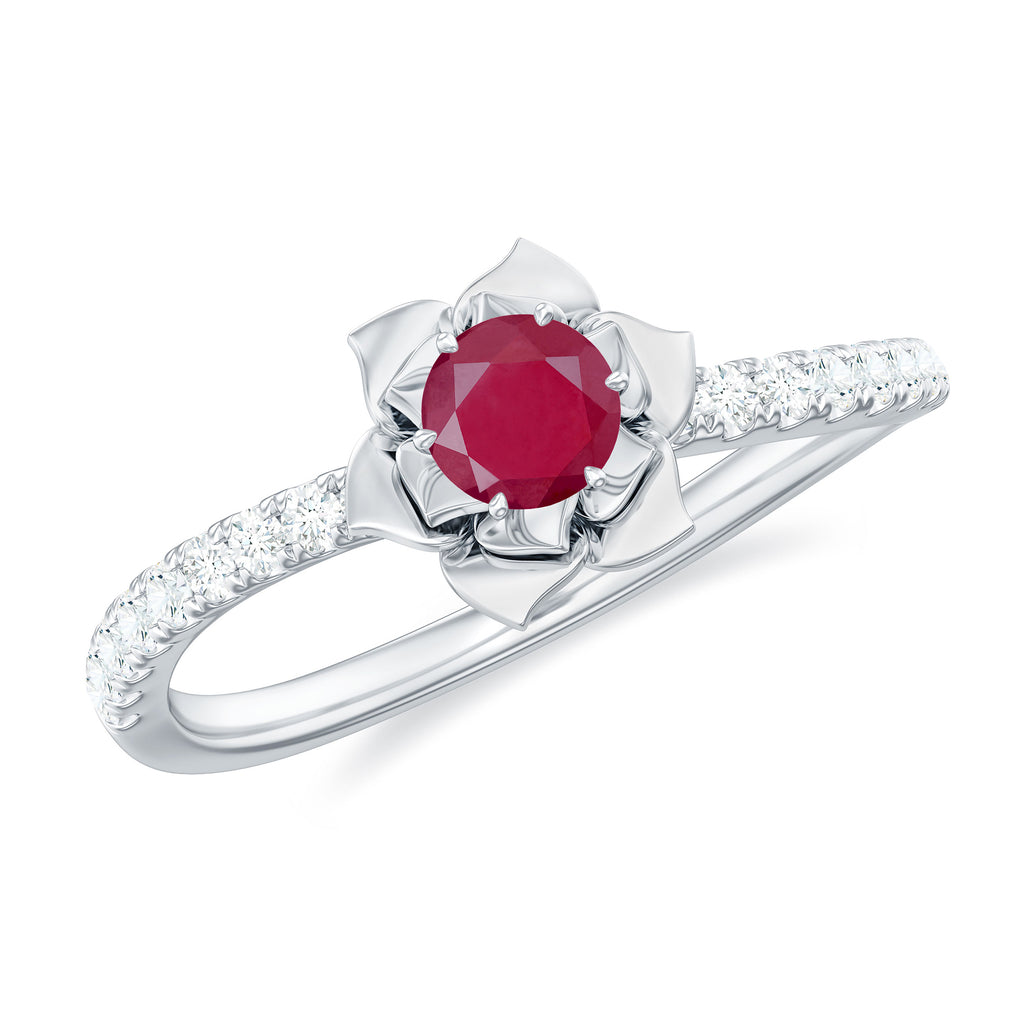 Floral Inspired Ruby Rose Engagement Ring with Diamond Ruby - ( AAA ) - Quality - Rosec Jewels