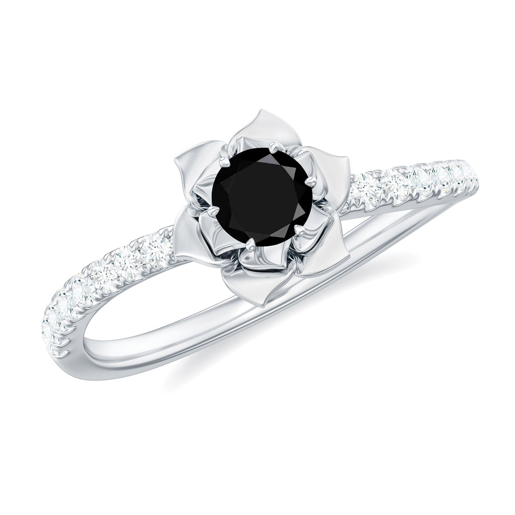 Real Black Diamond and Diamond Flower Engagement Ring Black Diamond - ( AAA ) - Quality - Rosec Jewels