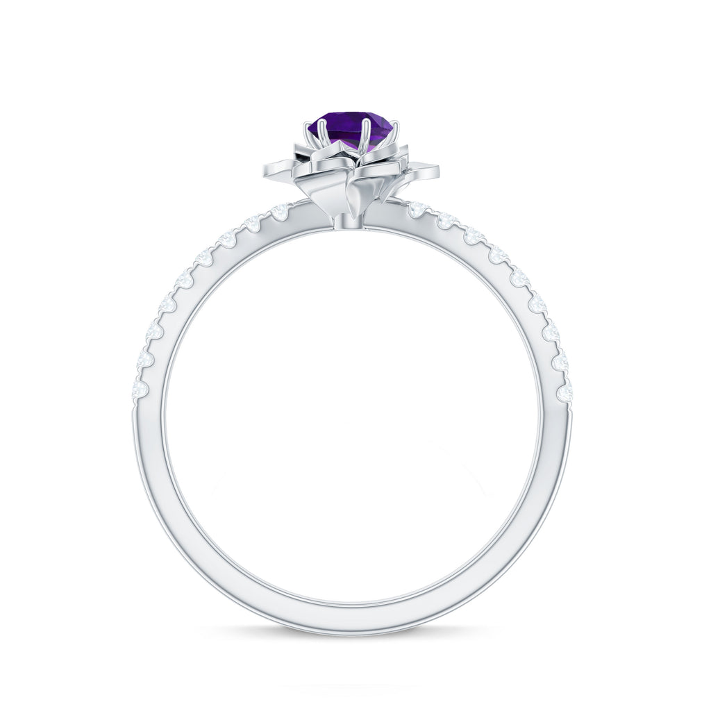 Floral Inspired Amethyst Rose Engagement Ring with Diamond Amethyst - ( AAA ) - Quality - Rosec Jewels